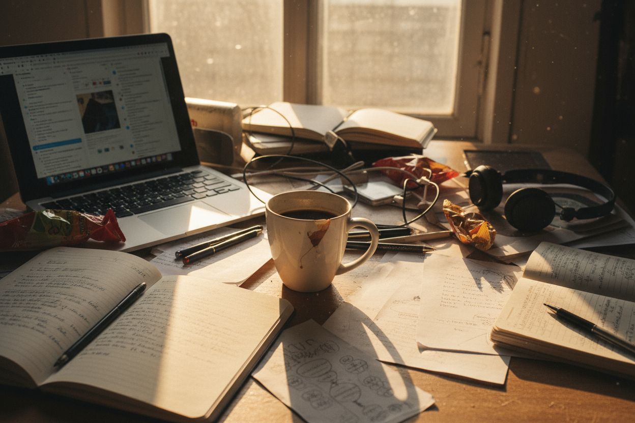 Messy desk with coffee mug